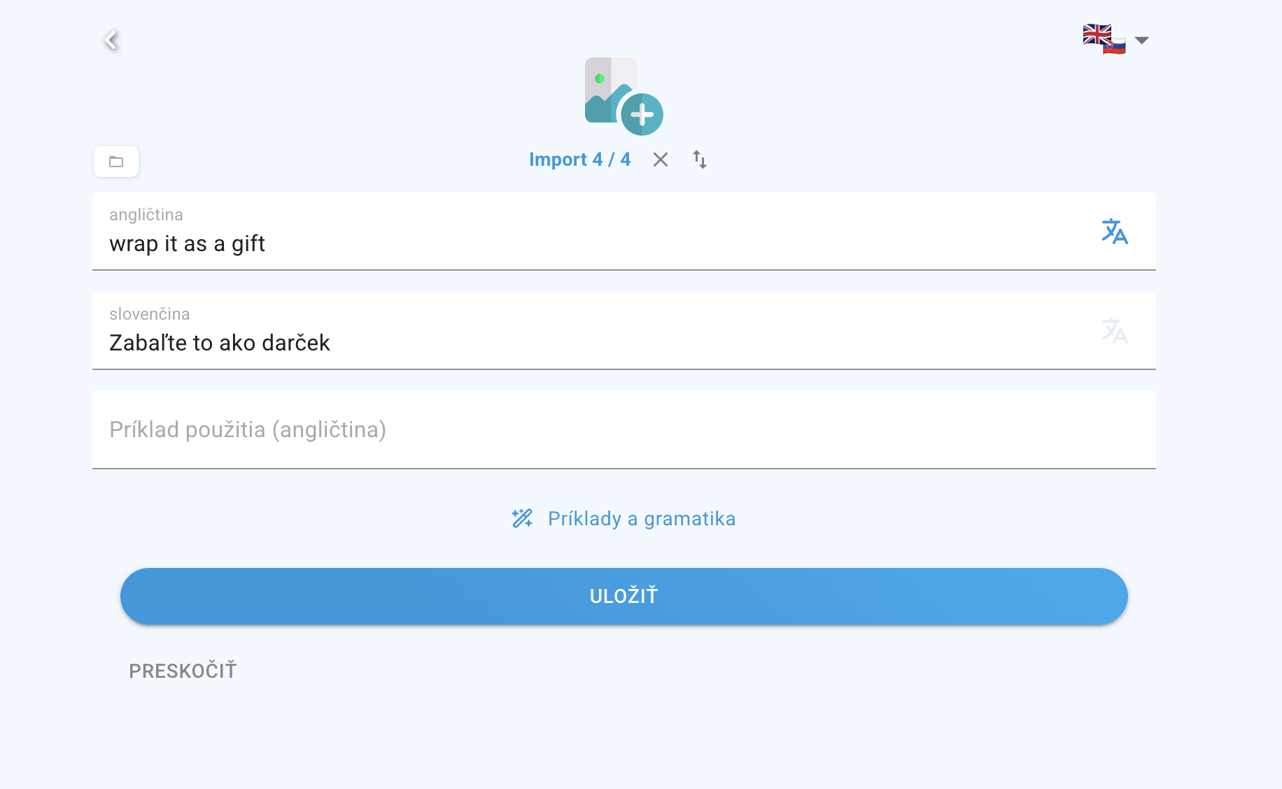 DuoCards — importované výrazy s indikátorom Import 1/4