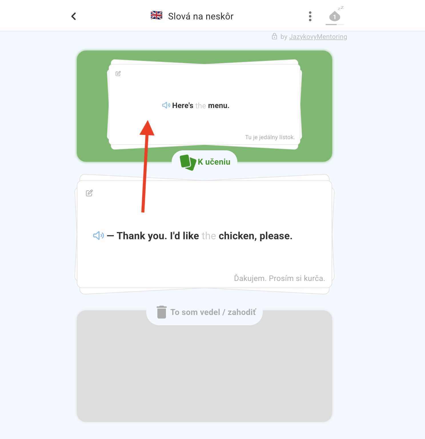 DuoCards — tlačidlo VYBER KARTIČKY a presúvanie kartičiek nahor do aktívneho opakovania