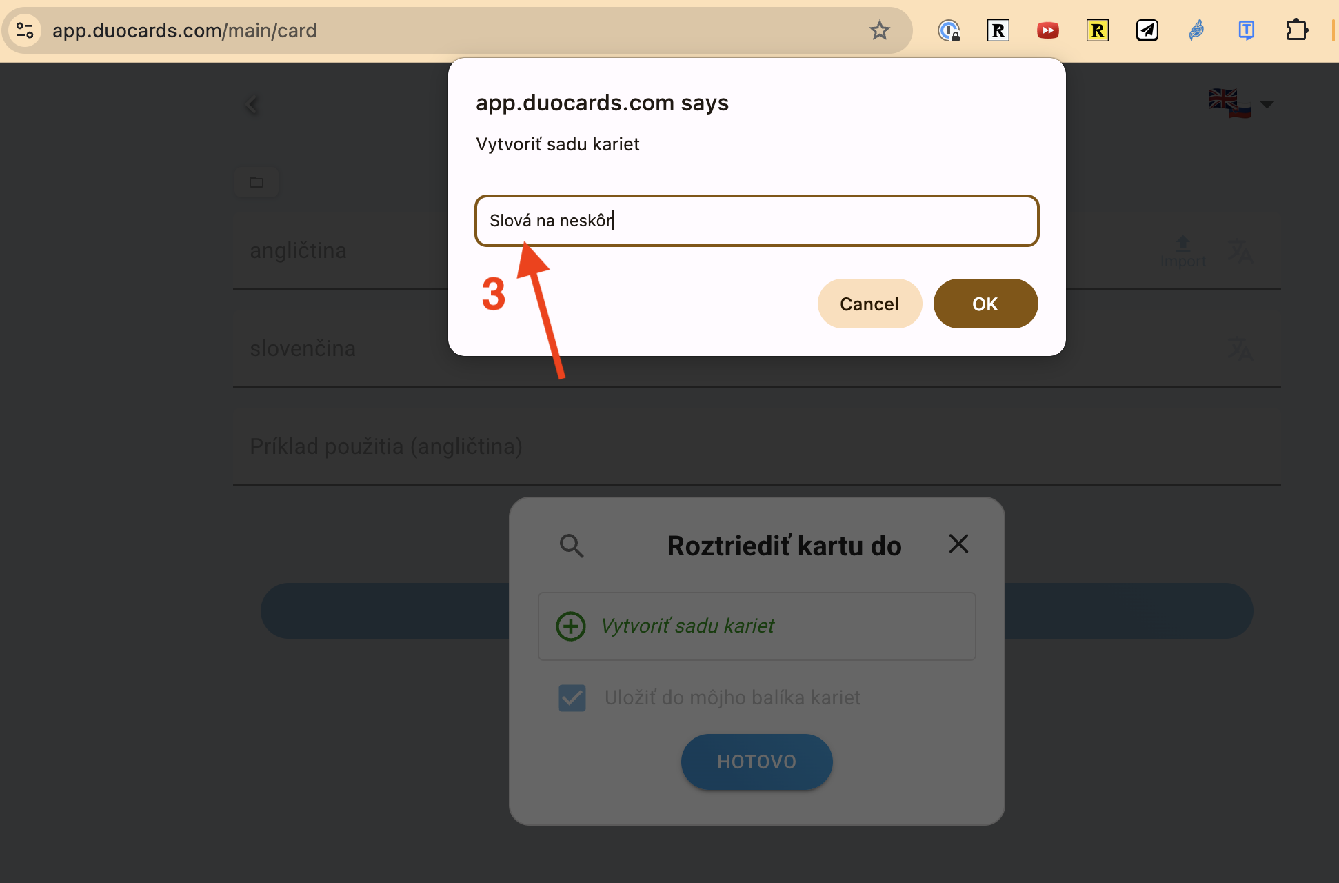 Workaround krok 2 — dialóg Roztriediť kartu do