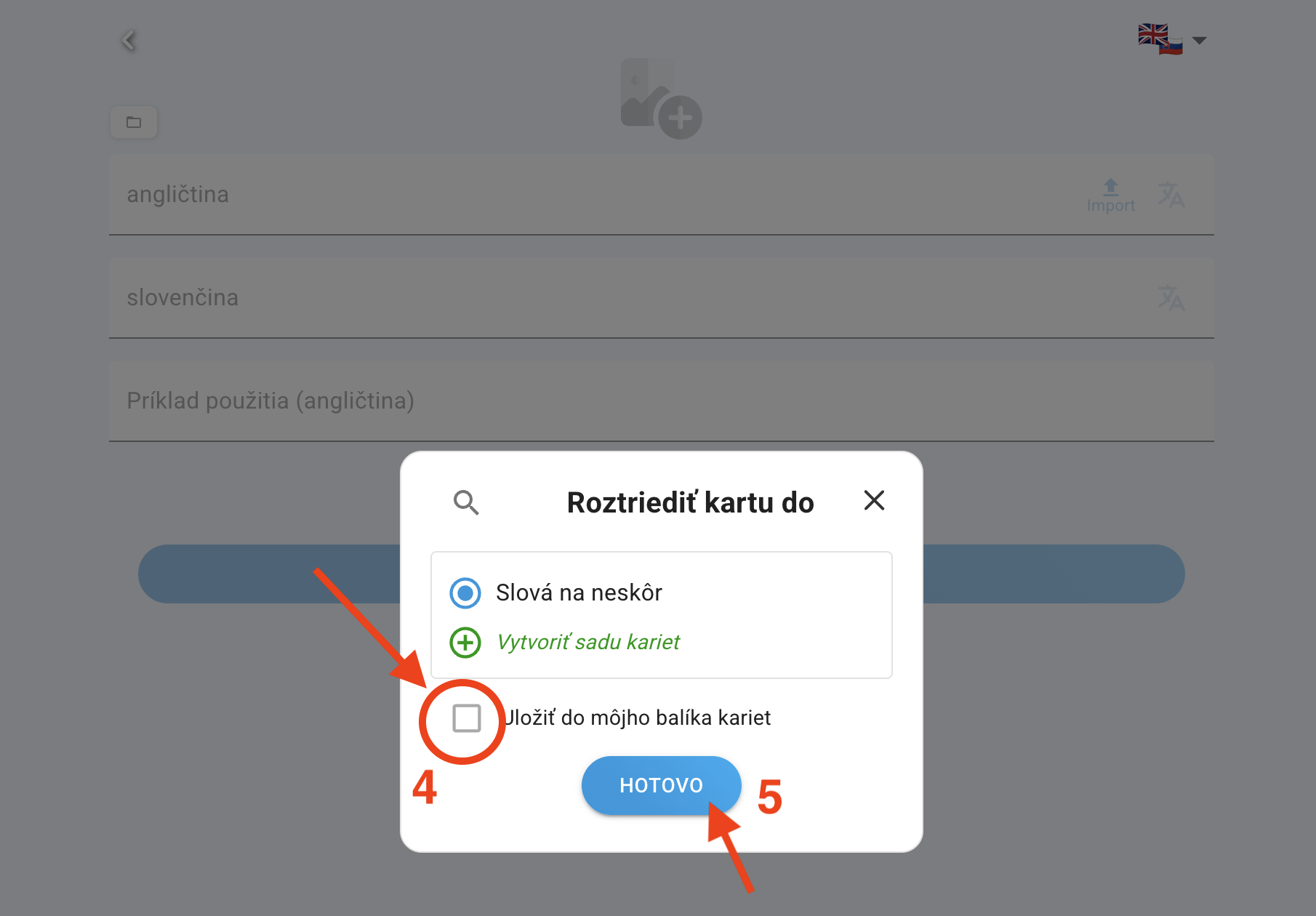 Workaround krok 3–4 — odškrtnutý checkbox „Uložiť do môjho balíčka kariet“