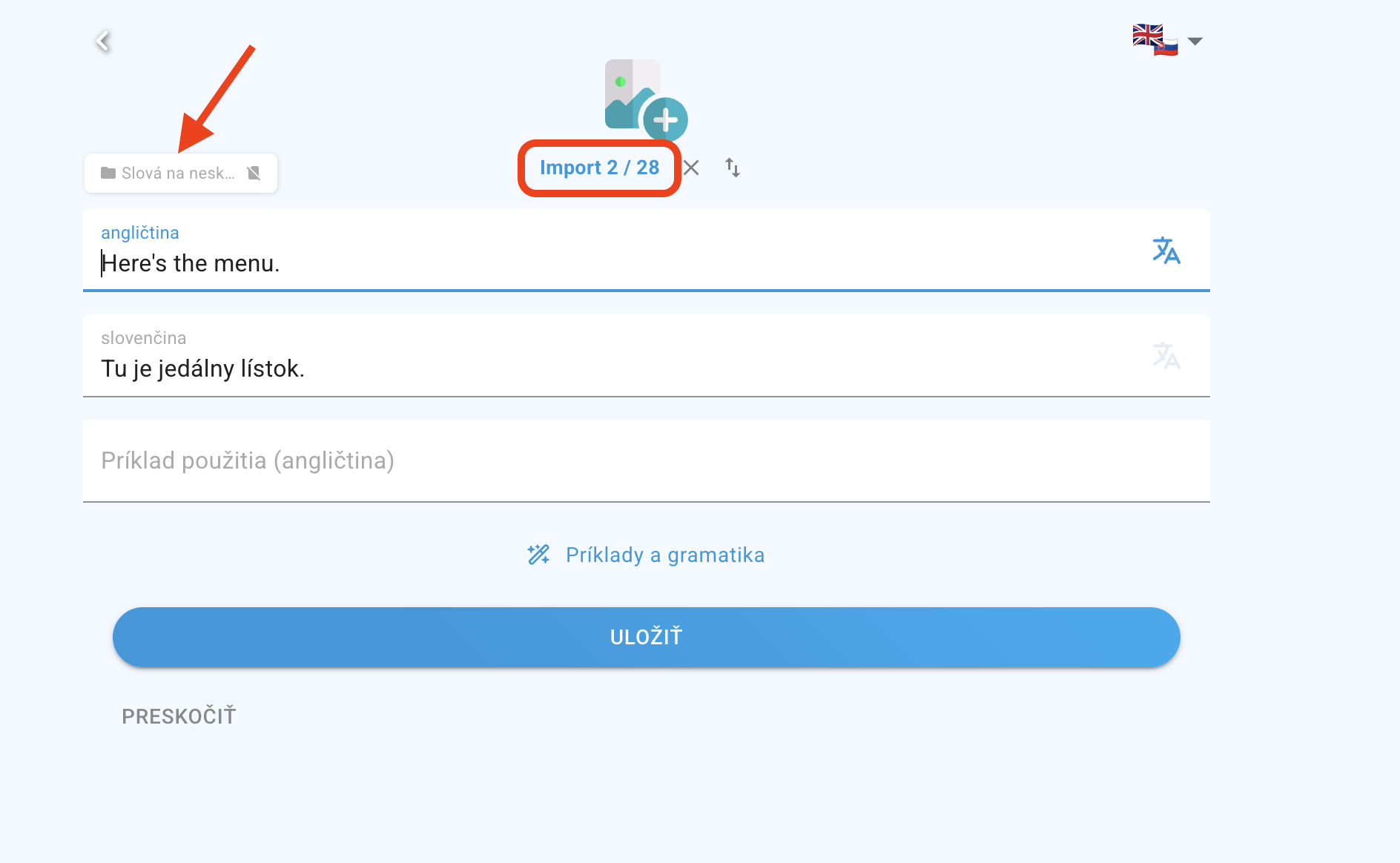Dôkaz — kartičky sa pridávajú do vlastnej sady „Slová na neskôr“ bez limitu 20