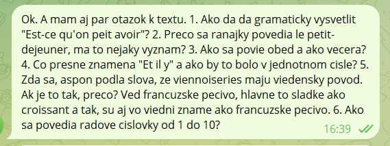 Správa klientky so 6 rôznymi otázkami naraz