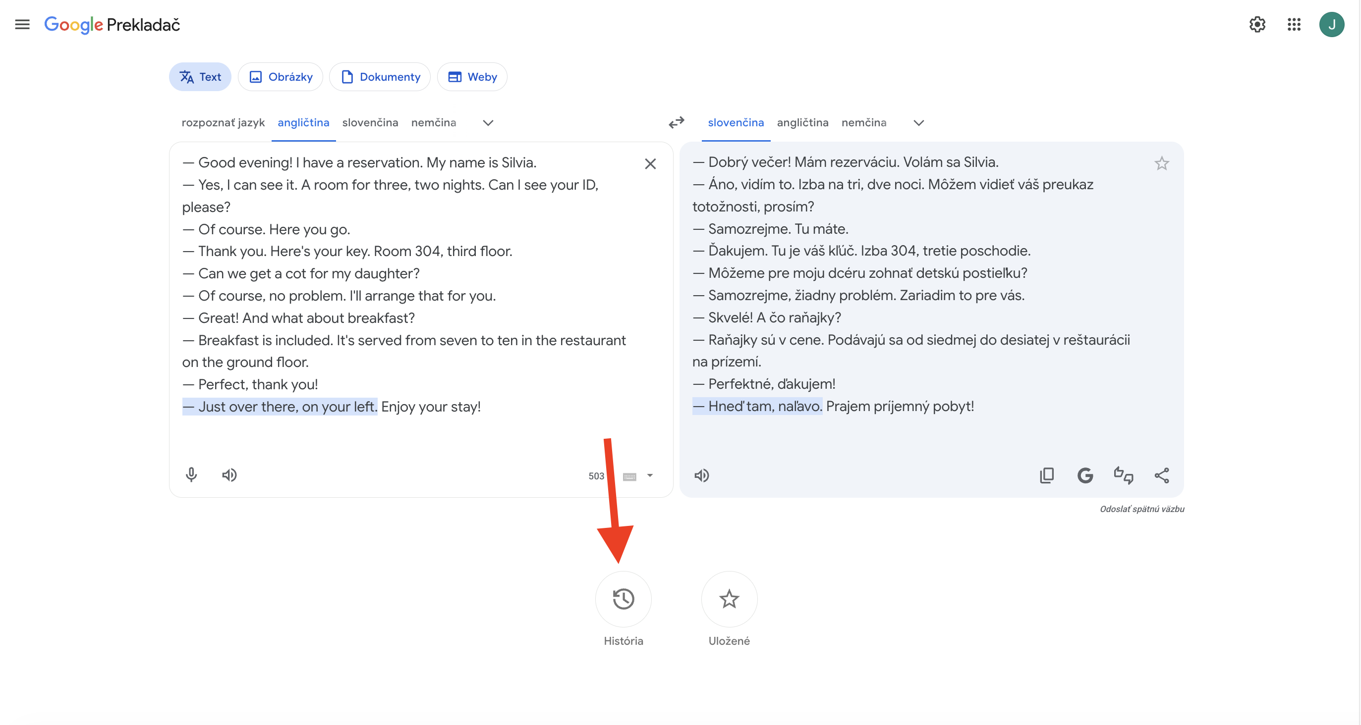 Google Translate — šípka ukazuje na ikonku História dole, kde nájdeš včerajší text