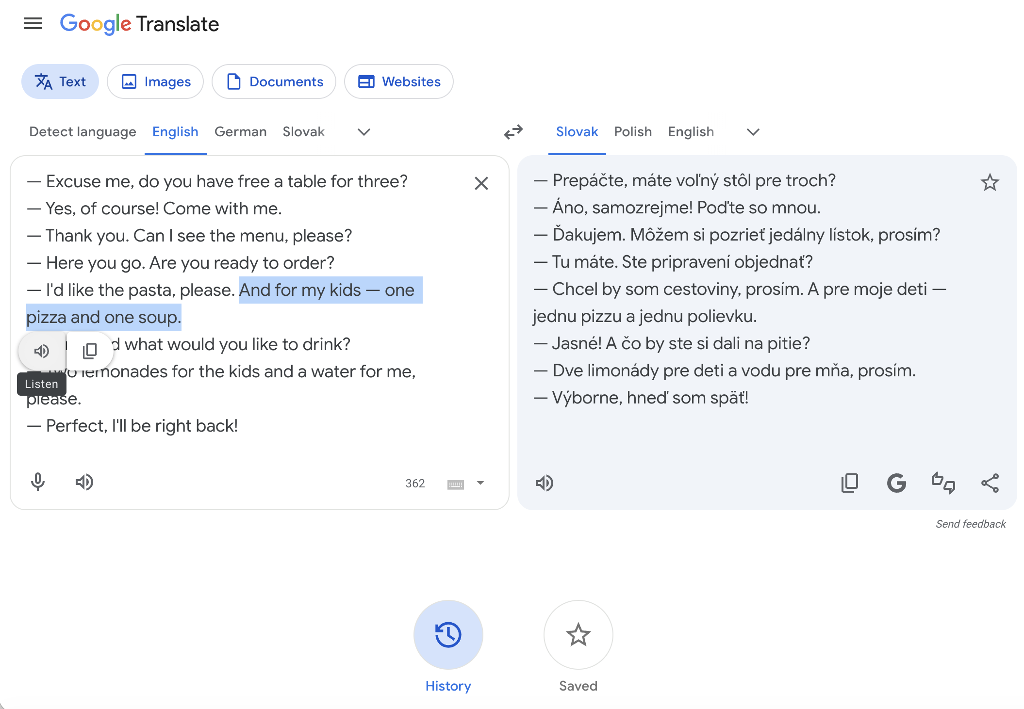 Google Translate — zvýraznená veta s mini reproduktorom Listen