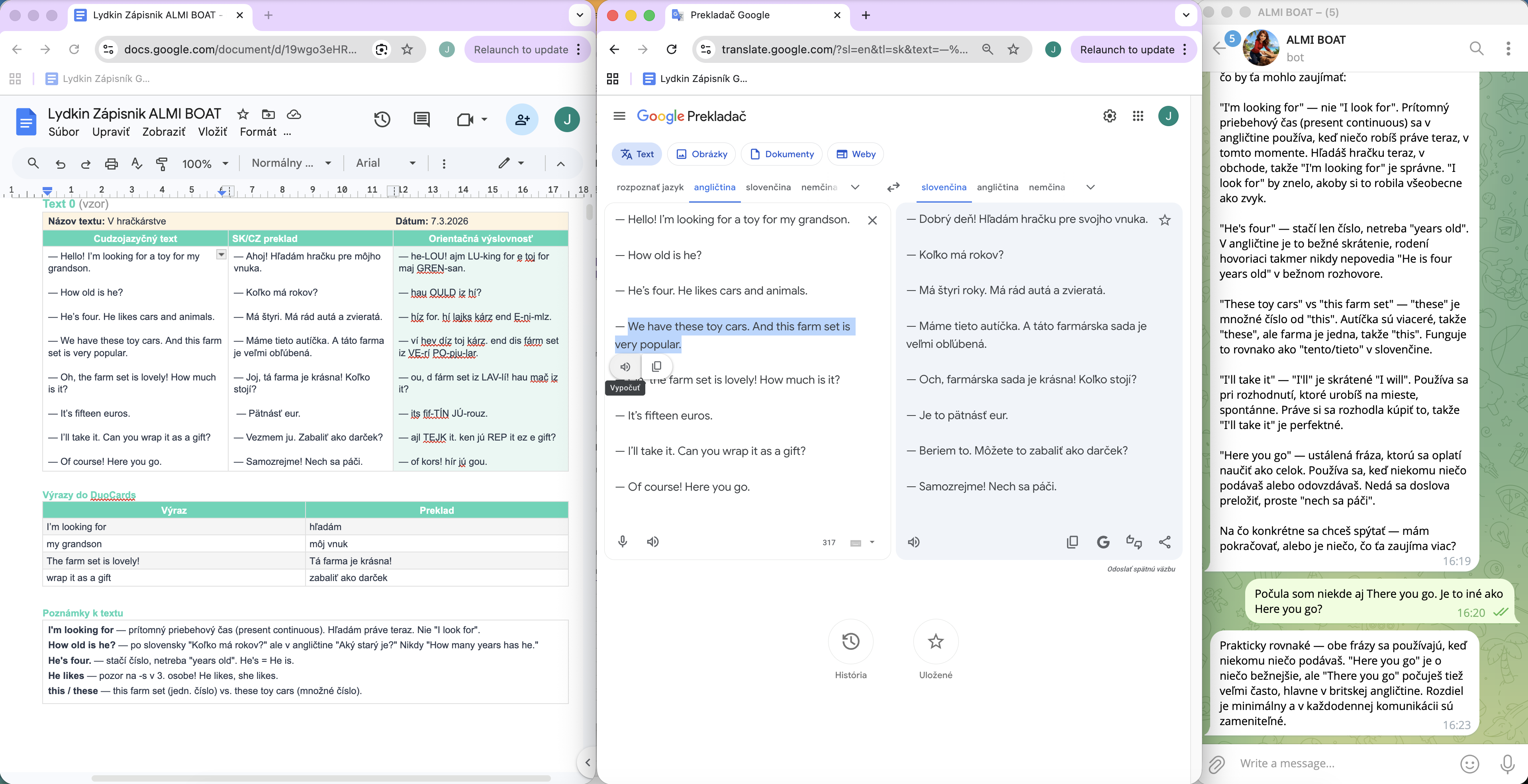 Setup 3 okien vedľa seba: Zápisník, Google Translate, ALMI chat na Telegrame