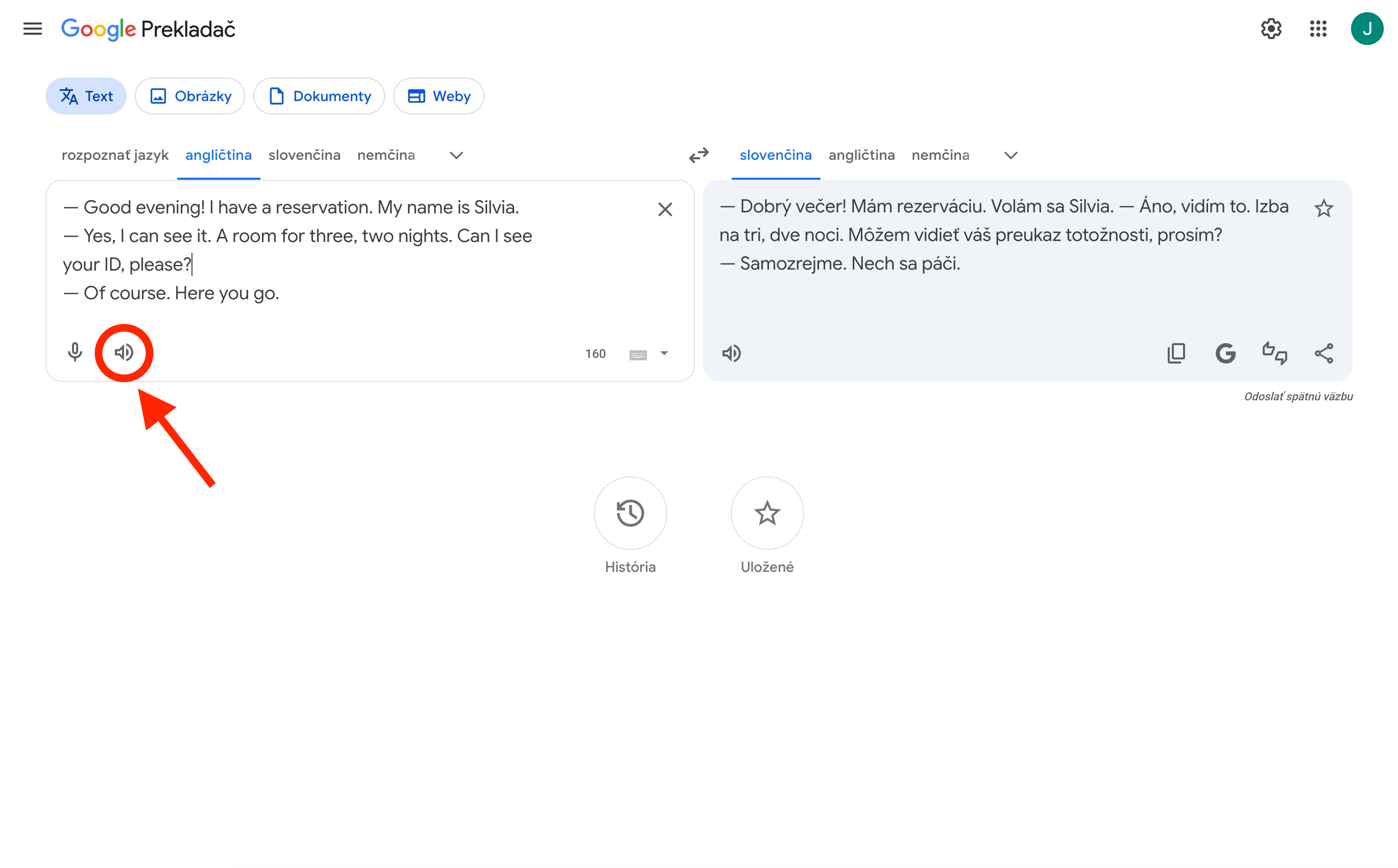 Google Translate (slovenská verzia) — šípka ukazuje na tlačidlo reproduktora pod textom