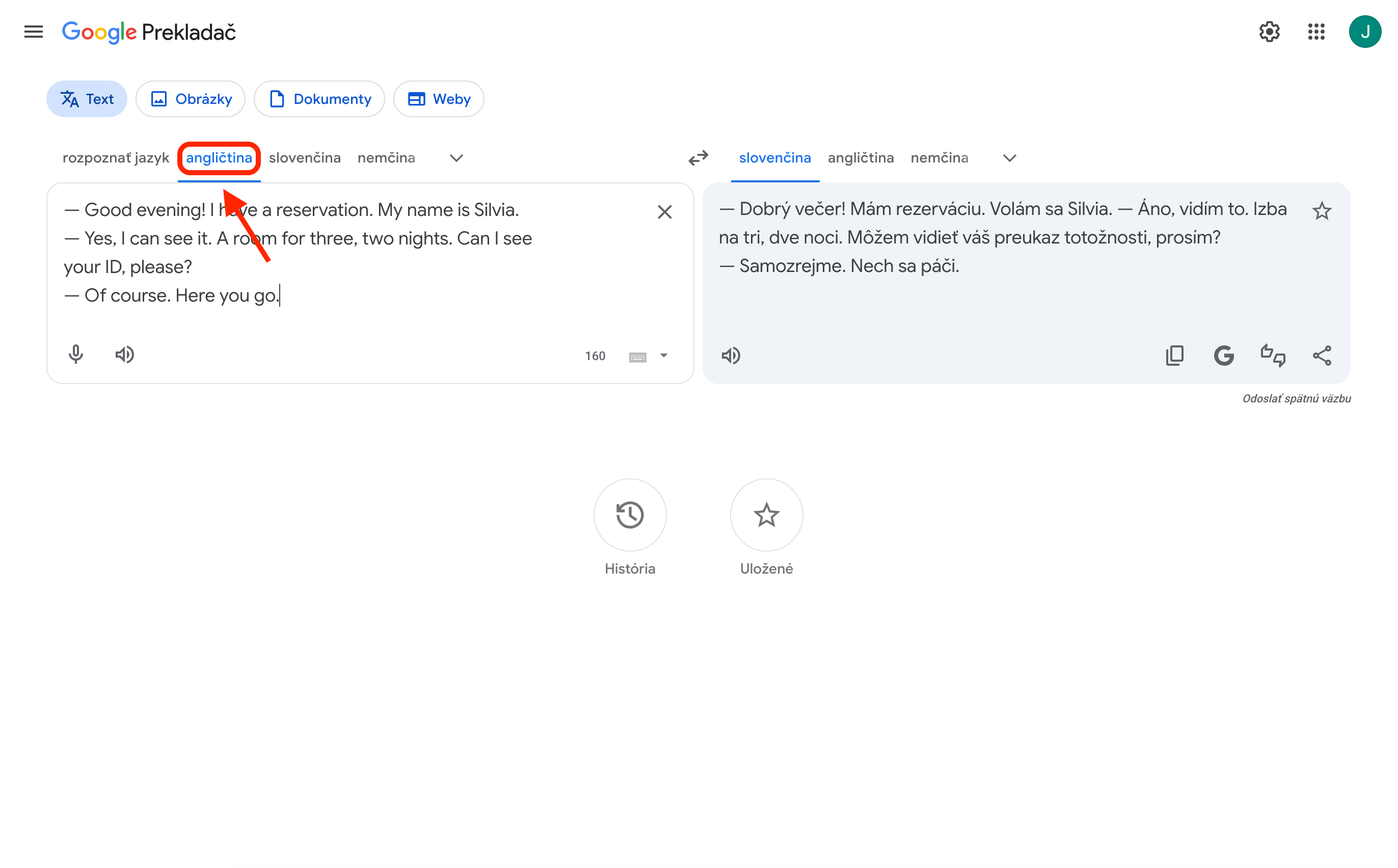 Google Translate — šípka ukazuje na správny jazyk vľavo (angličtina)
