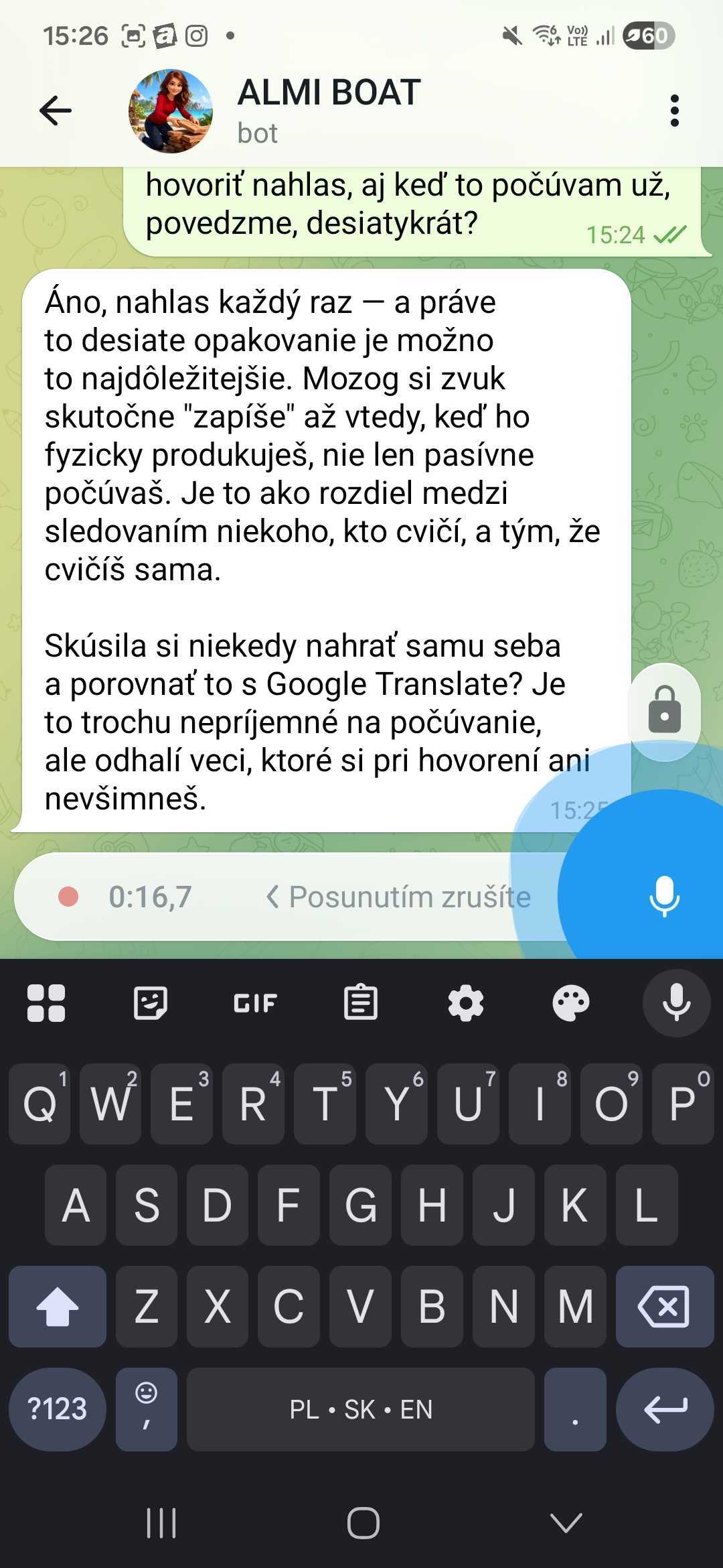 Počas nahrávania — držíš mikrofón, beží časovač