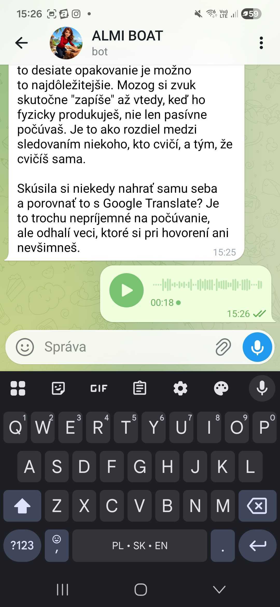 Odoslaná hlasovka so zeleným play tlačidlom