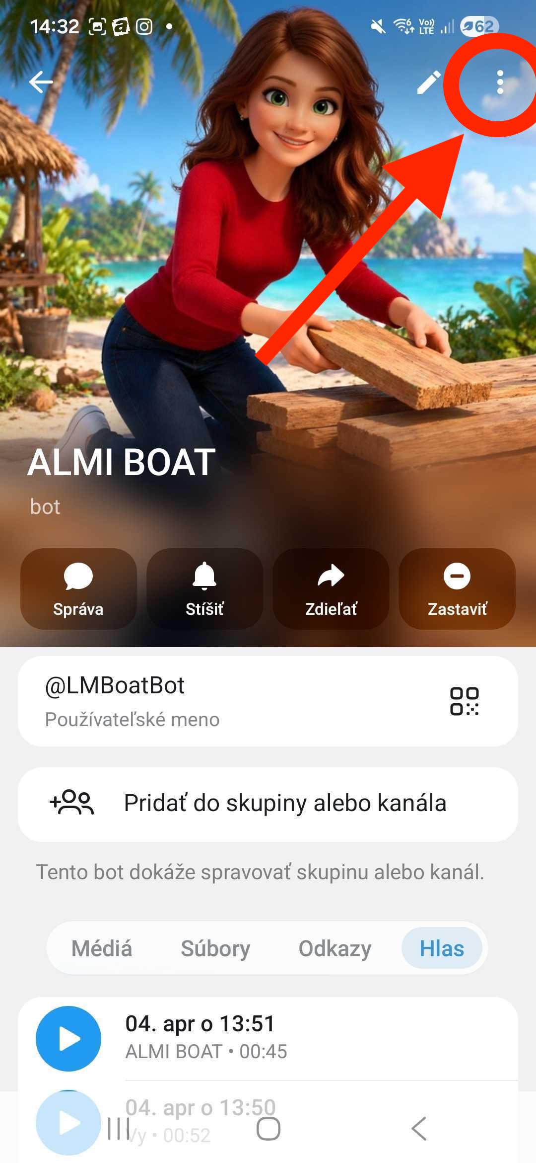 Krok 3 — kliknutie na 3 bodky vpravo hore