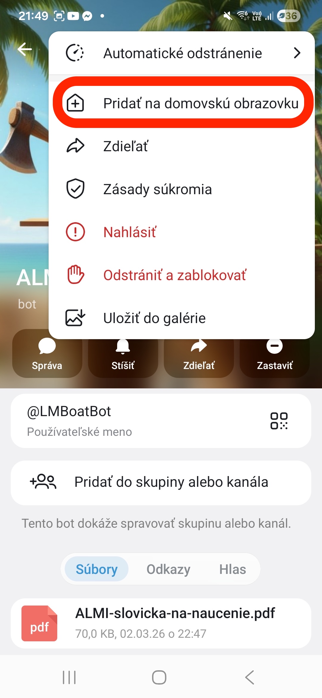 Krok 3 — voľba Pridať na domovskú stránku
