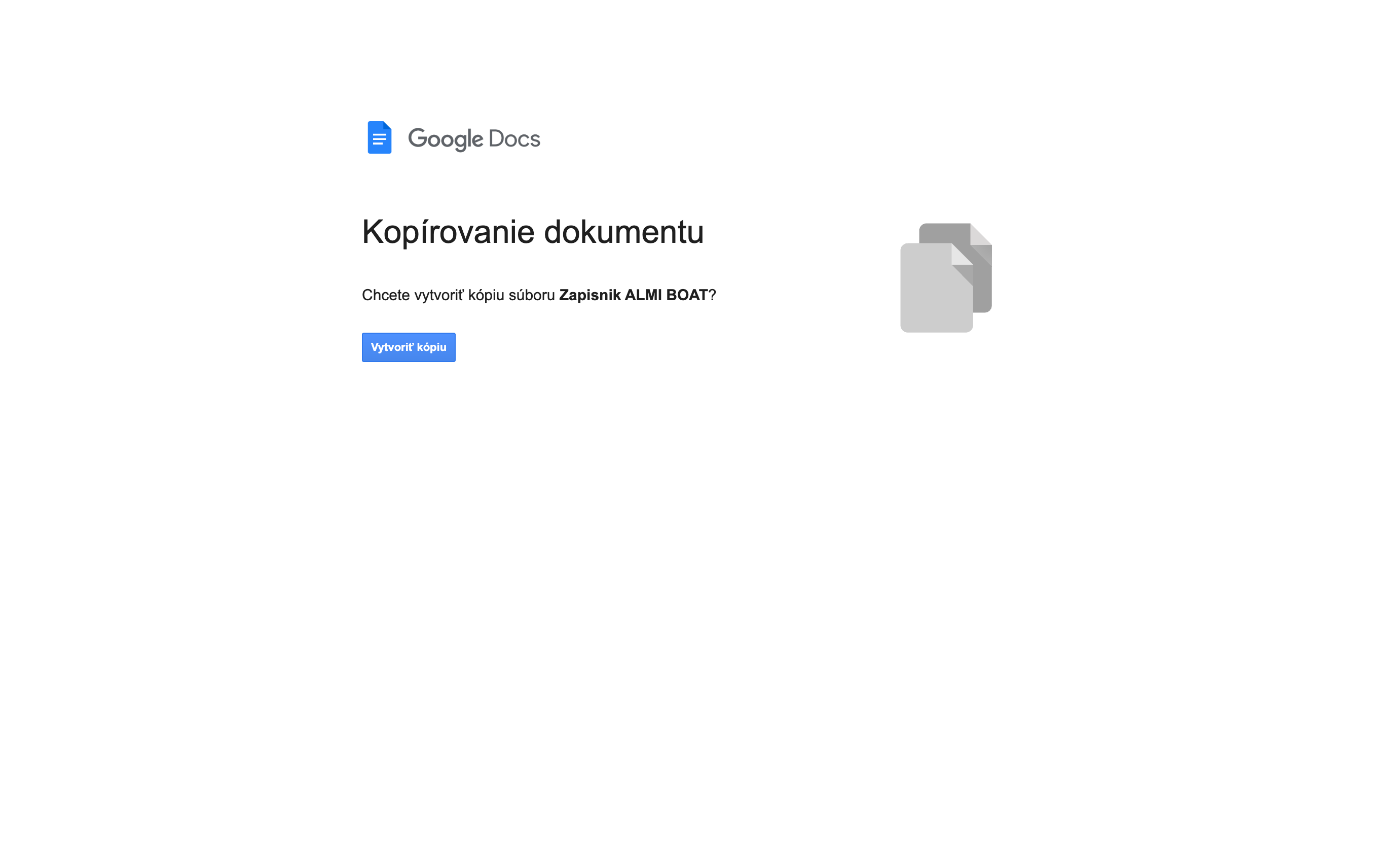 Google Docs — stránka Kopírovanie dokumentu s modrým tlačidlom Vytvoriť kópiu
