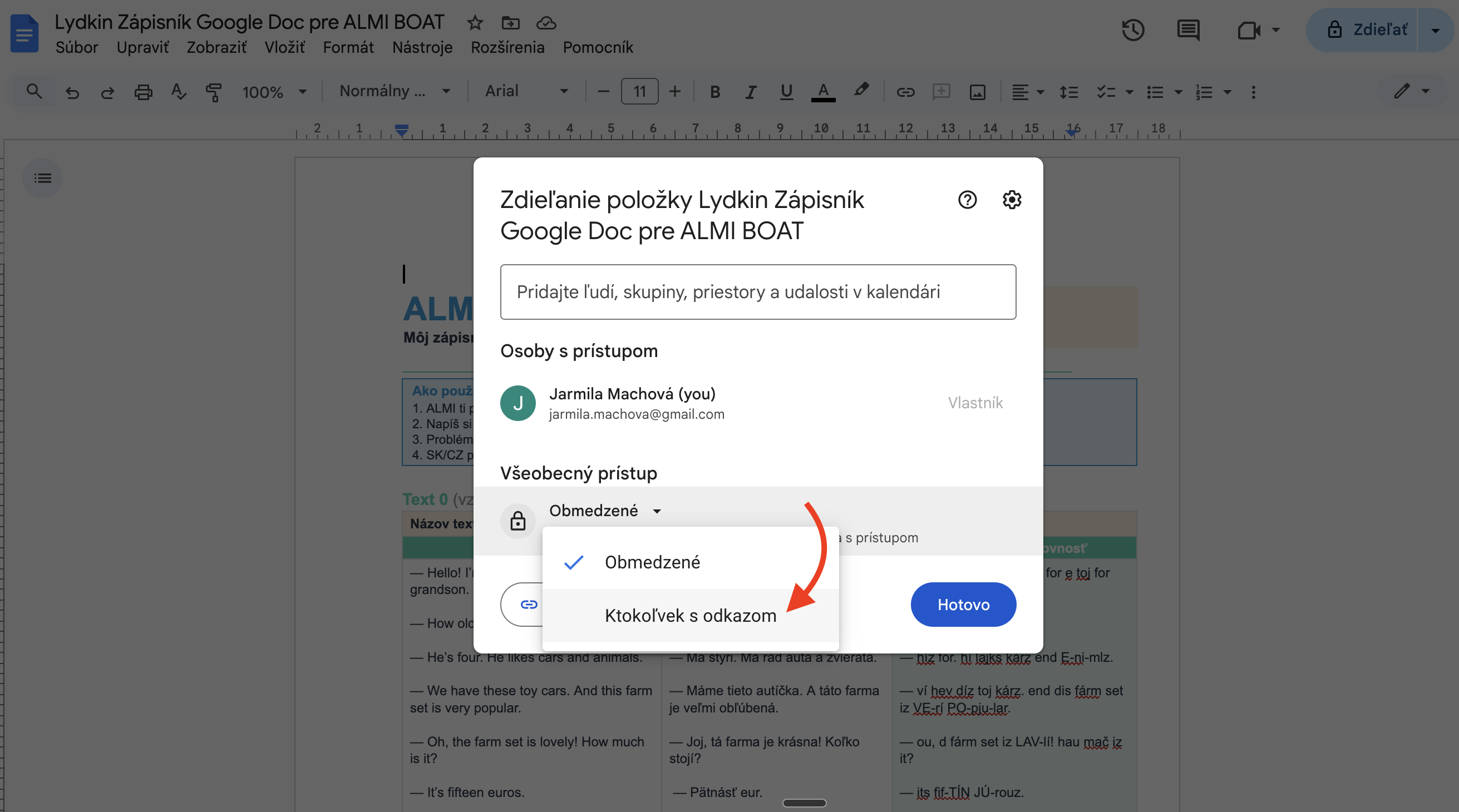 Google Docs — nastavenie zdieľania: Všeobecný prístup → Ktokoľvek s odkazom → Hotovo