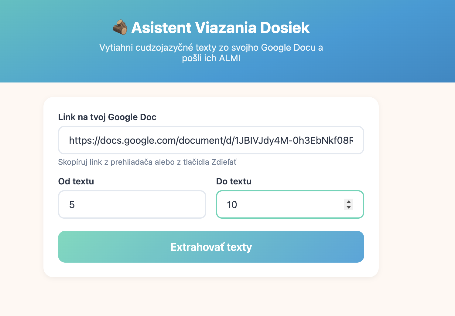 Formulár asistenta viazania dosiek — link na Google Doc a rozsah textov