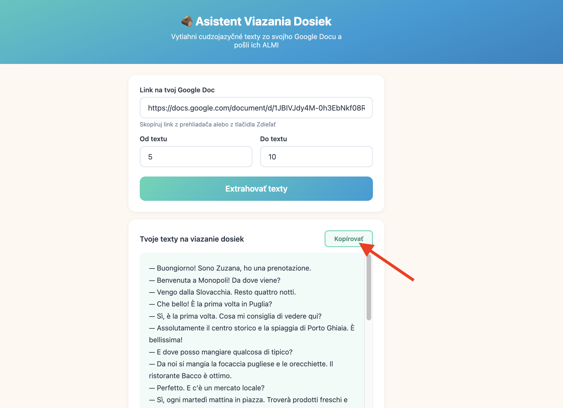 Výstup asistenta — vytiahnuté cudzojazyčné texty na skopírovanie do ALMI
