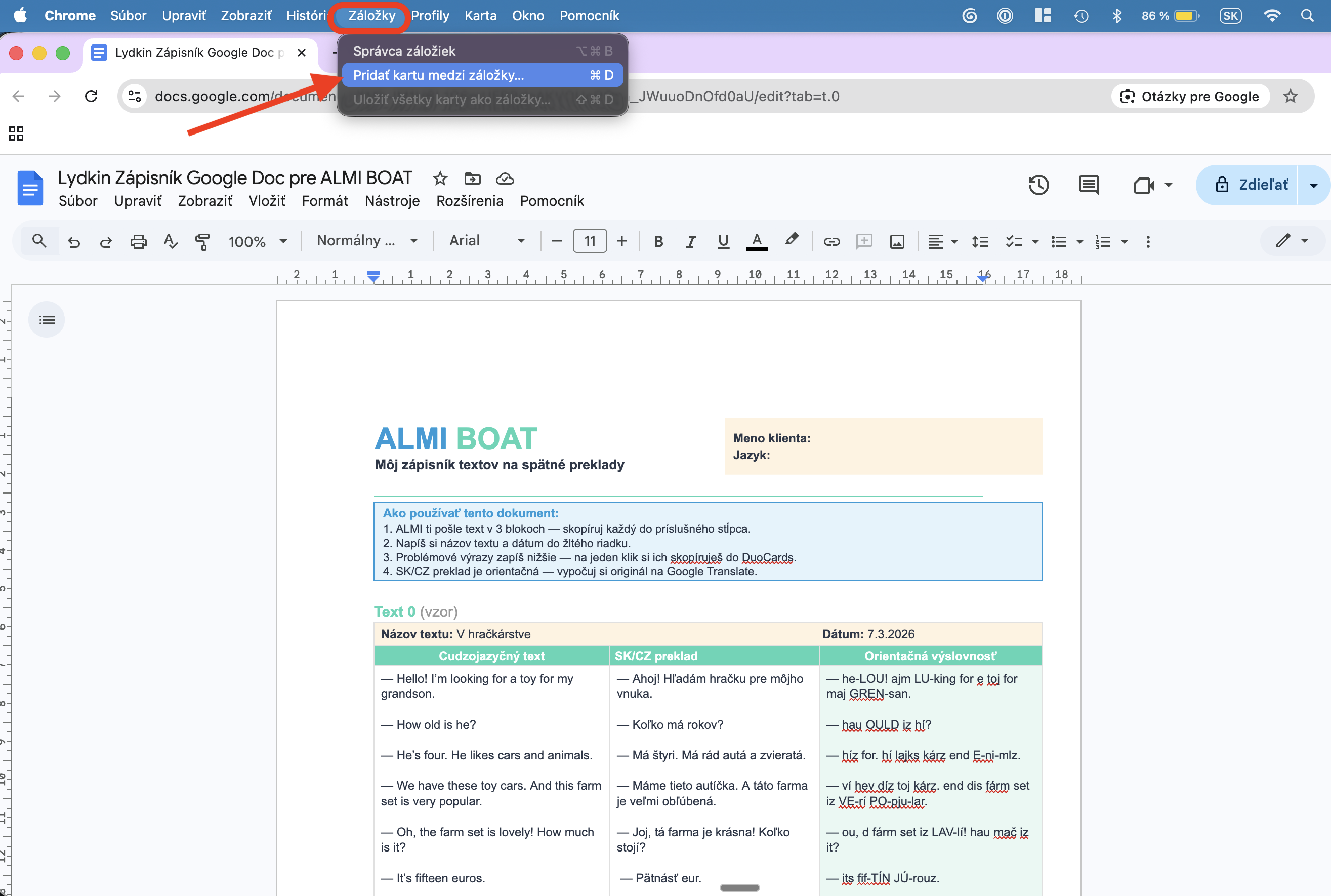 Pridanie záložky — krok 1: v menu Záložky vybrať Pridať kartu medzi Záložky