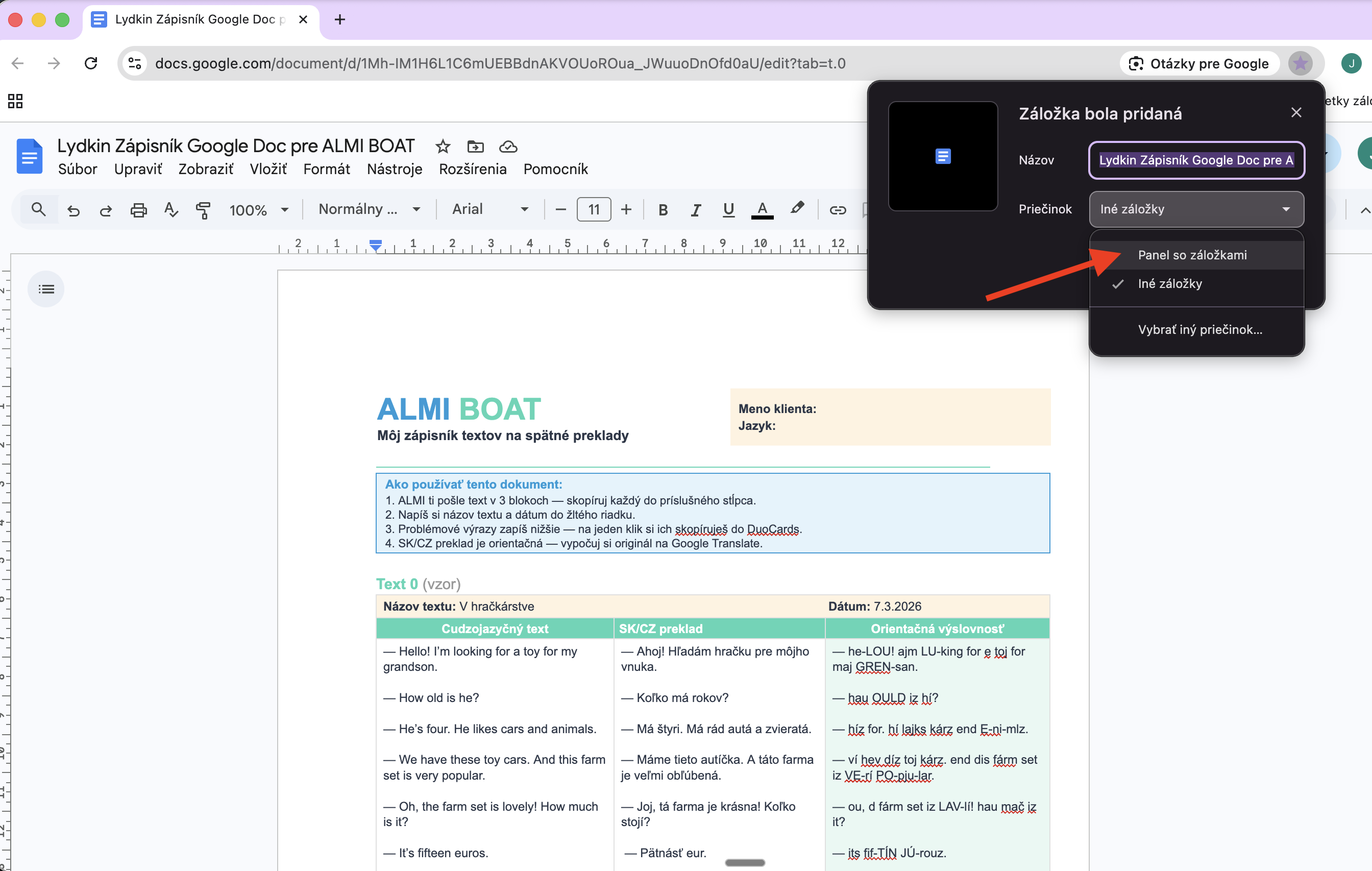 Pridanie záložky — krok 2