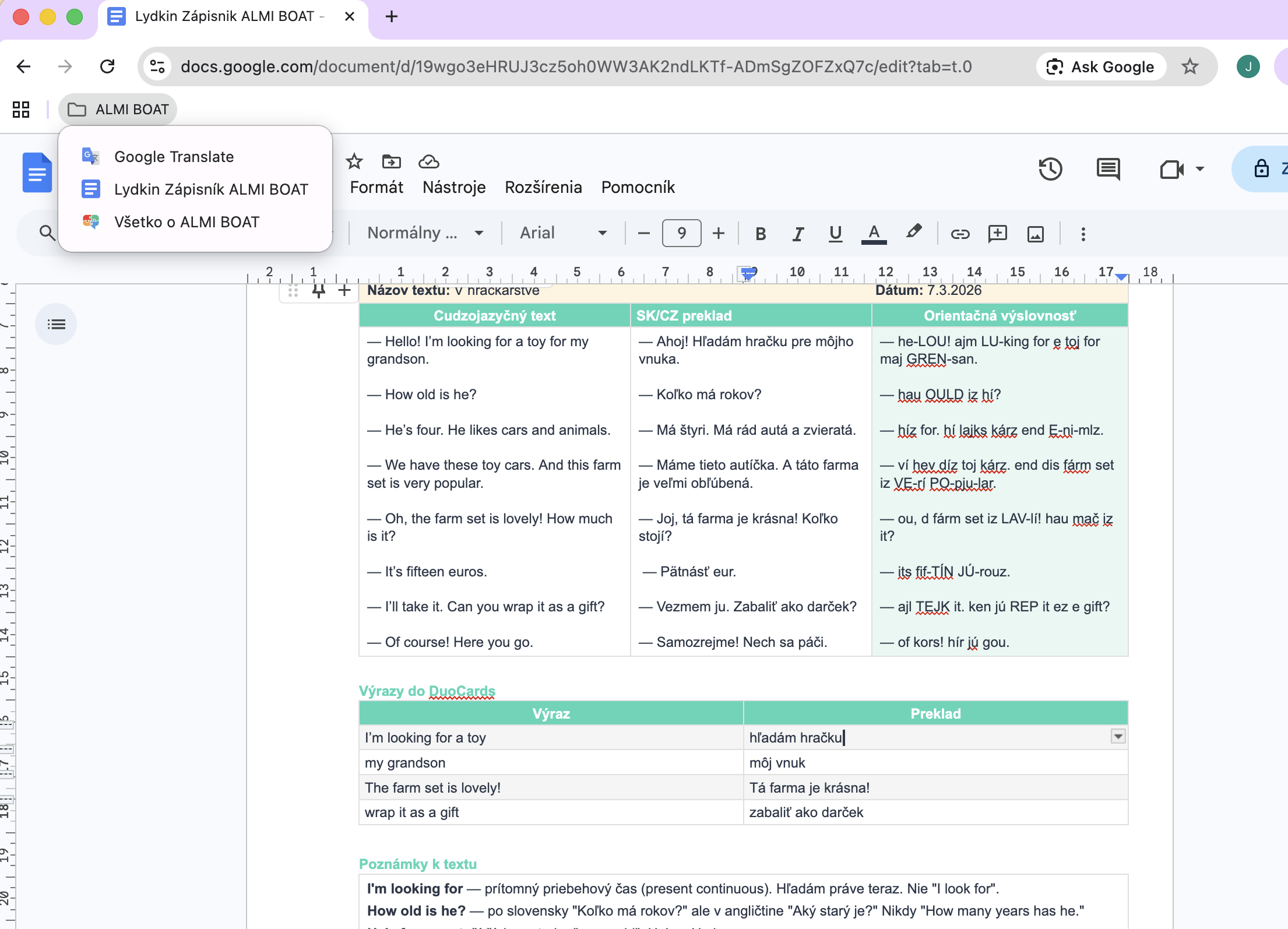 Záložkový priečinok ALMI BOAT v hornej lište prehliadača